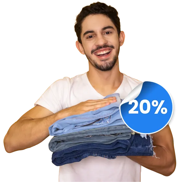 A smiling man holding folded clothes with a 20% icon displayed beside him.