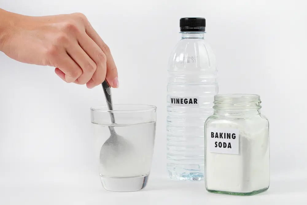 Close-up of a female hand adding baking soda and vinegar in a cup of water.