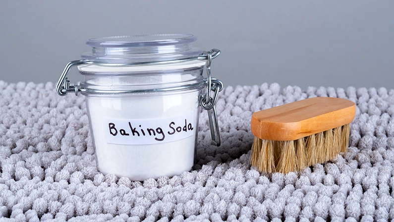 Baking soda and wooden cleaning brush on a gray carpet at home. The concept ecological cleaning and disinfection. High quality photo