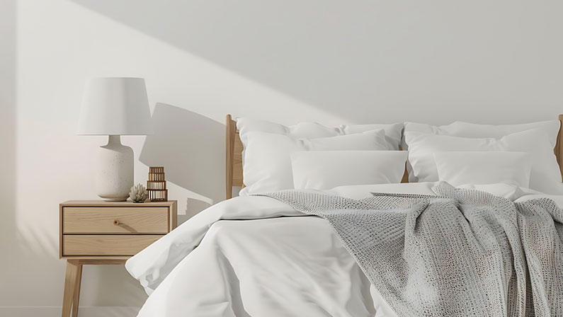 Modern Minimalist Bedroom Design Featuring White Bedding Light Wood Bed Frame and Ceramic Nightstand with a Gray Knitted Throw Blanket Draped Over the Edge
