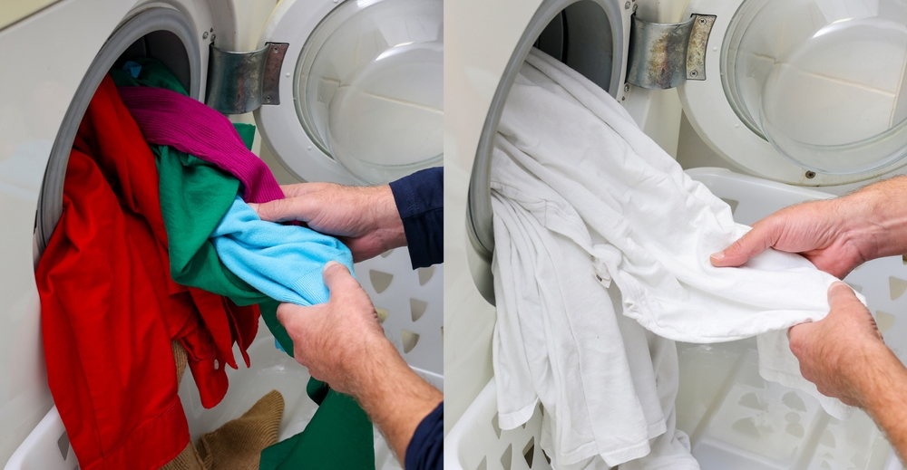 Combined image man loading white and colors clothes being separate into watching machine to prevent color mix disaster damage on fabric