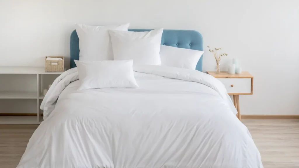 Interior with white bedding on the sofa. Bedroom with a bed, white bed, and bedside table. White pillows, duvets, and bedspreads with a blue headboard. Front.