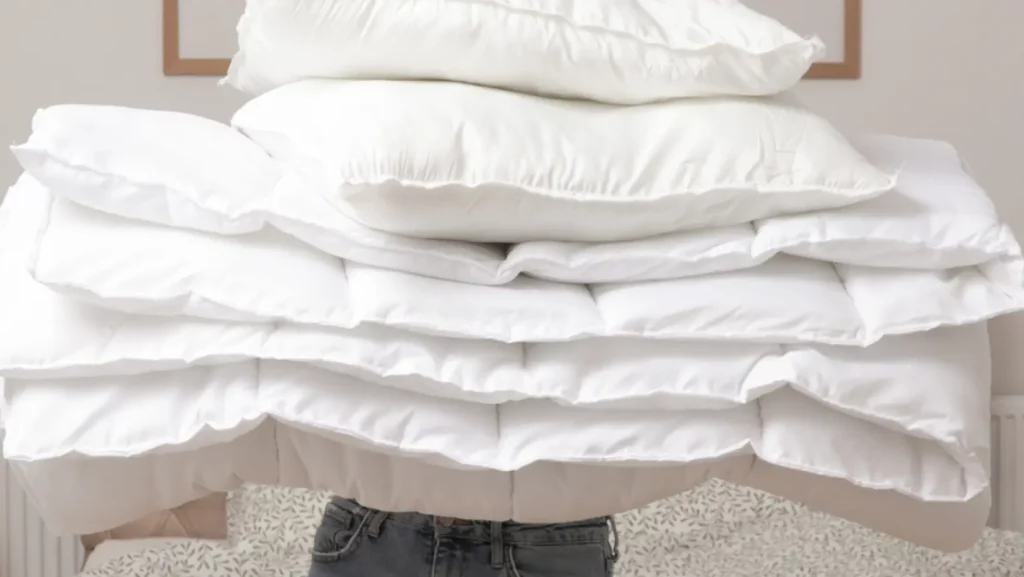 Woman holding stack of soft white folded duvets and pillows at home in her bedroom, cozy domestic lifestyle, housewife cleaning, tidying bedroom, housework concept.
