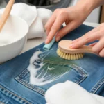 a woman brushing stains off from jeans