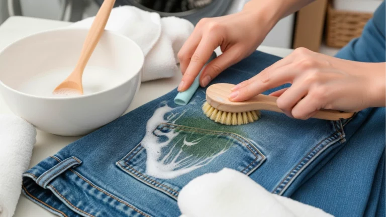 a woman brushing stains off from jeans