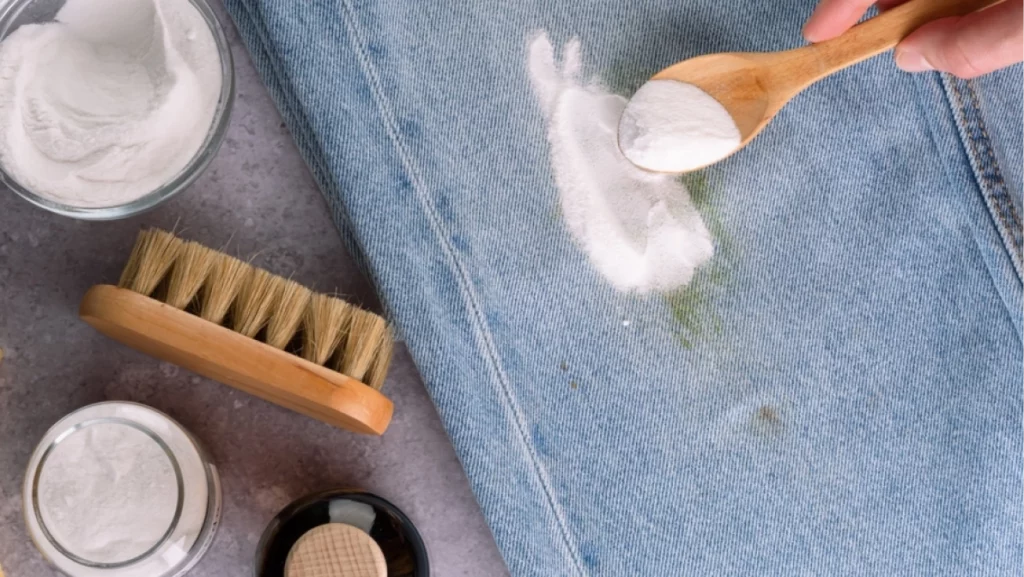 A woman's hand sprinkles baking soda on grass stains jeans. Cleaning supplies such as a brush, sponge, and jars of powder. The concept of eco-friendly stain removal on clothes. top view