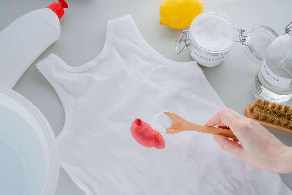 Dirty blood stains or wine on clothes.