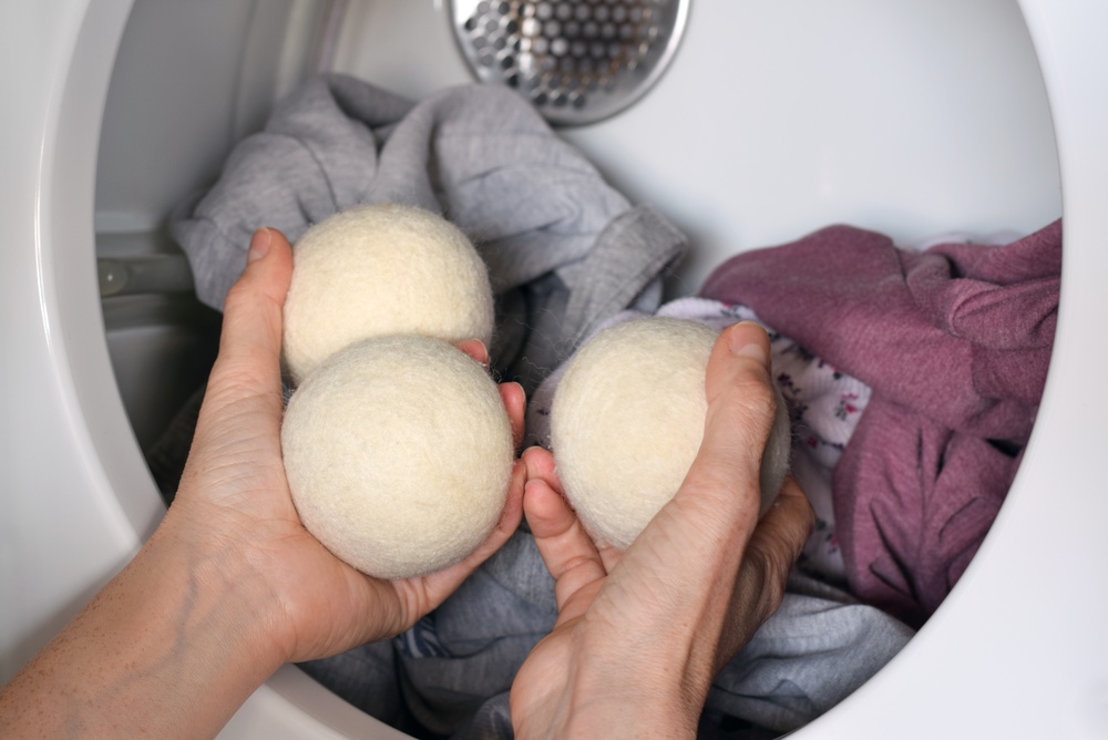 Closeup woman hand placing reusable wool dryer balls into household clothes dryer. 